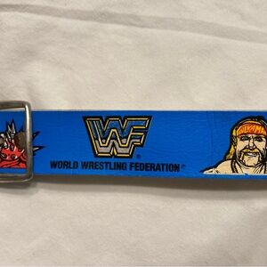 VTG 1991 WWF Wrestling Superstars Kids Blue Leather Belt Hulk Hogan Warrior